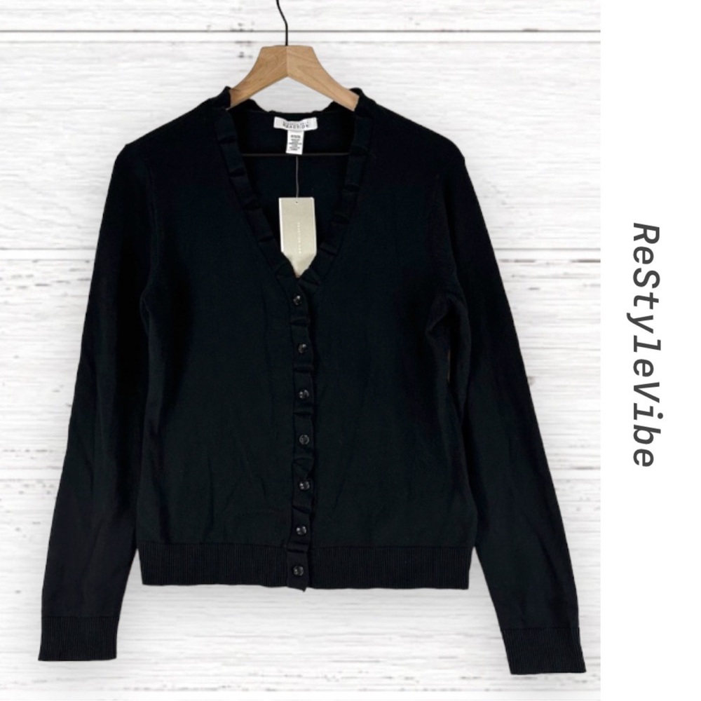 KENNETH COLE REACTION Women’s Size M Sweater Cardigan Ruffle Edge NWT Black